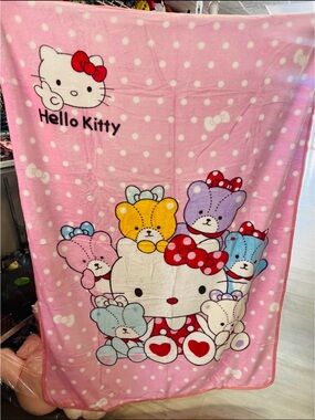 Hello Kitty Pink Polka Dot Plush Throw with Colorful Bear Friends
